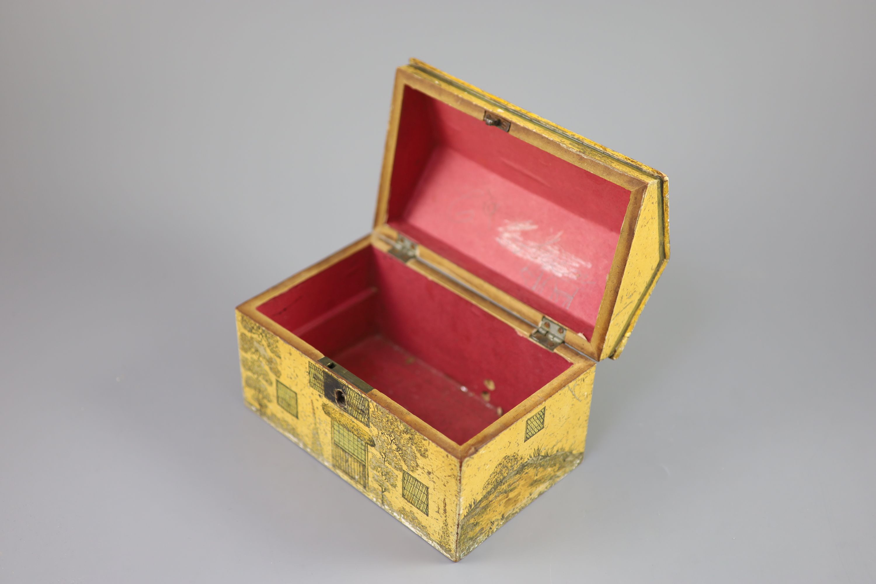 A Regency painted and penwork work box, modelled as a cottage, width 7.25in. depth 4.5in. height 5in.